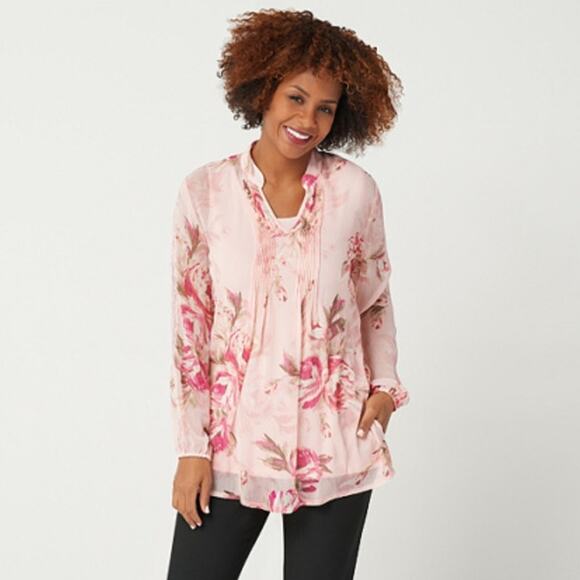 SUSAN GRAVER Women's L Floral Printed Sheer Chiffon Lace Trim Pleated Tunic Top - Picture 2 of 13